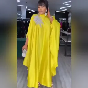 Yellow Caftan with Silker Floral Applique