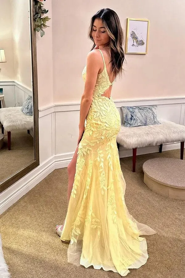 Yellow Tulle Mermaid V-neck Spaghetti Straps Lace Appliqued Prom Dresses, MP961