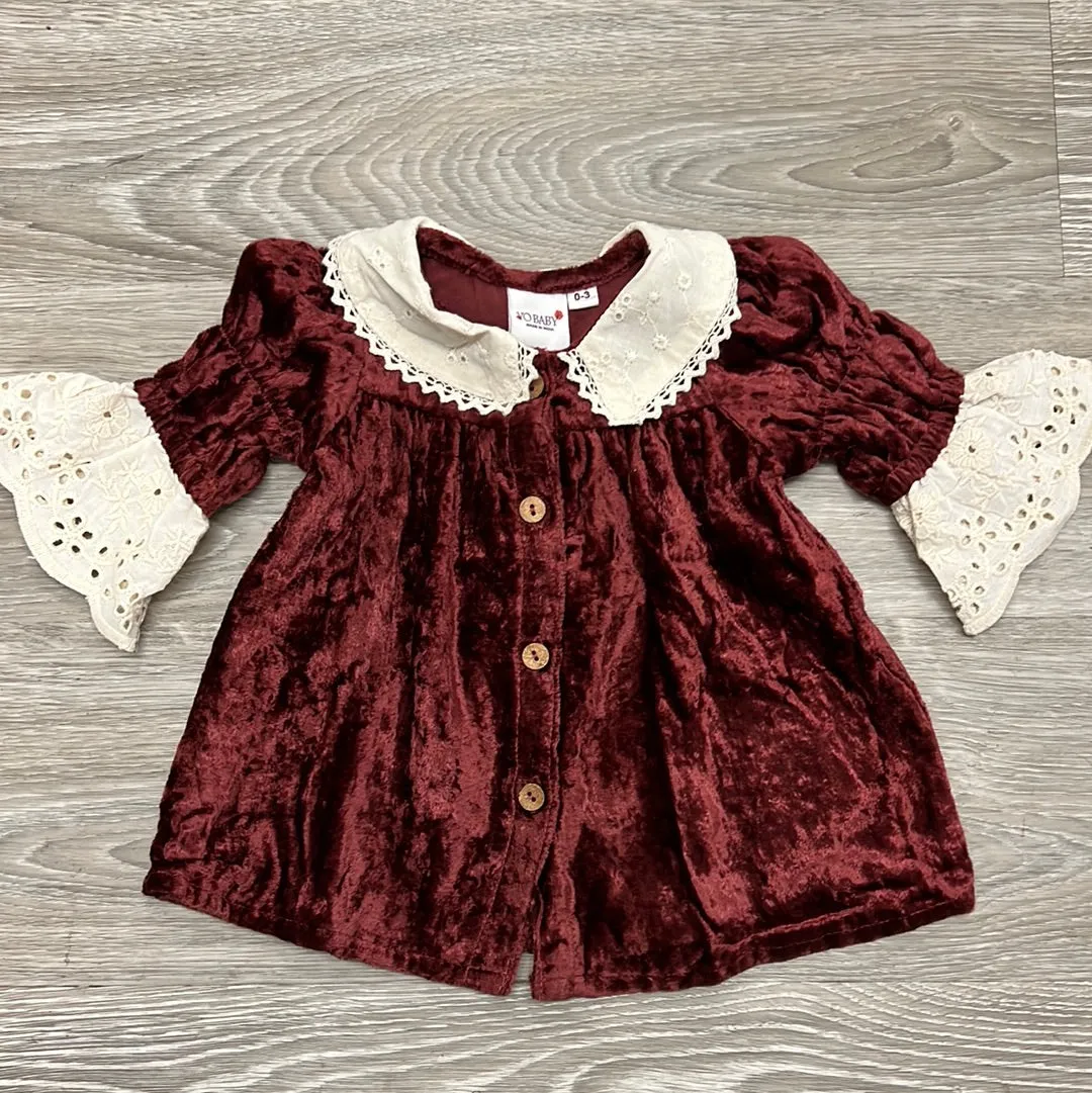 Yo Baby Maroon Velvet & Ivory Lace Detail Baby Dress