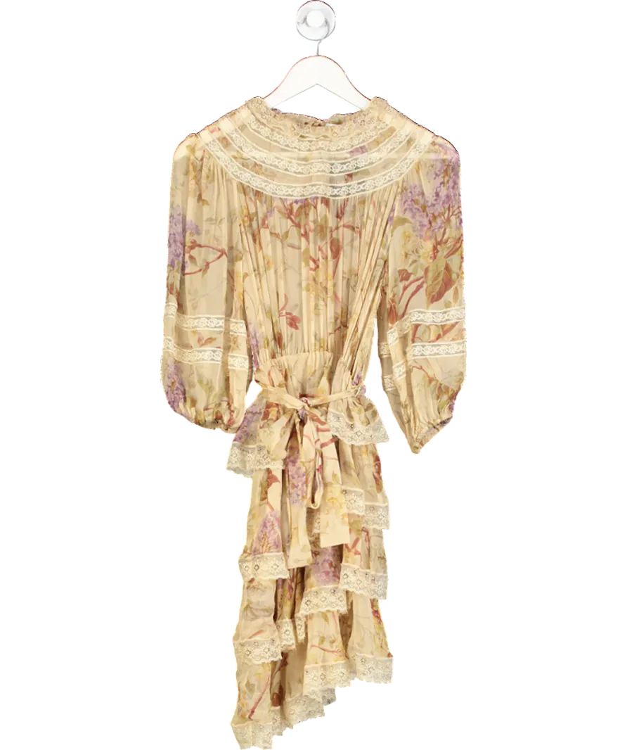 Zimmermann Beige Sabotage Tiered Lace Silk Mini Dress UK S