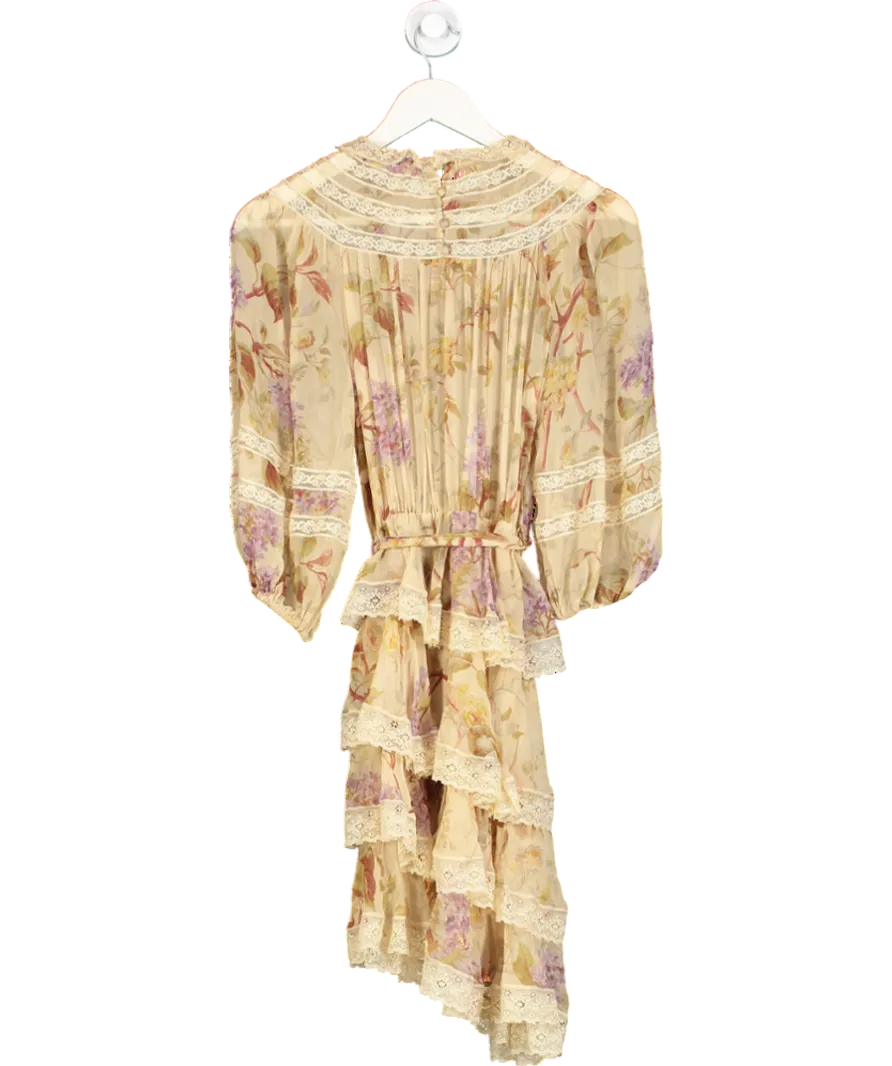 Zimmermann Beige Sabotage Tiered Lace Silk Mini Dress UK S