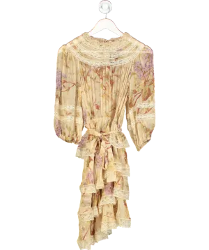 Zimmermann Beige Sabotage Tiered Lace Silk Mini Dress UK S
